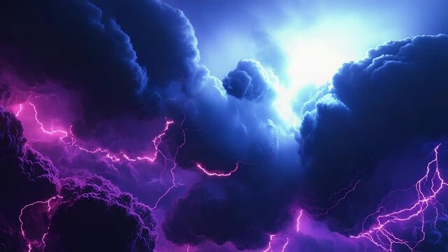 Intense lightning striking through dramatic purple storm clouds