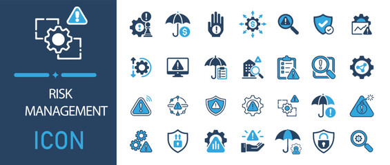 Collection of risk management icons in various shades of blue on white background