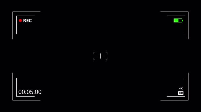 Video camera recorder screen overlay on a transparent background, Recording camera screen interface with alpha channel, Camera recording screen overlay preview in 4k.