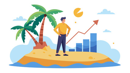 Business professional analyzing financial growth on a desert island with rising charts and golden coins under sunny sky © Mdfahad