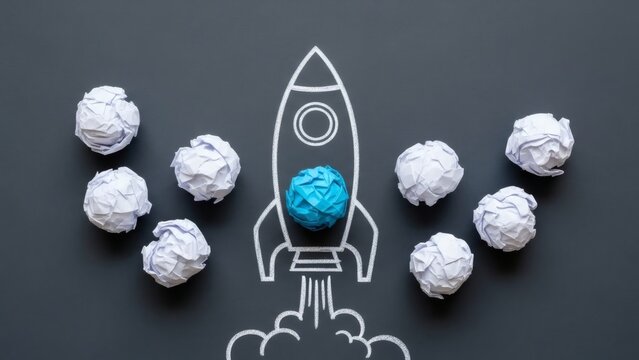 Idea Launch Blue ball leading rocket escaping white fails on gray.
