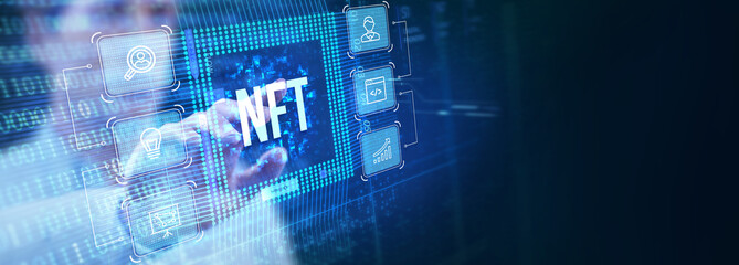 NFT Non-fungible token digital crypto on virtual screen.