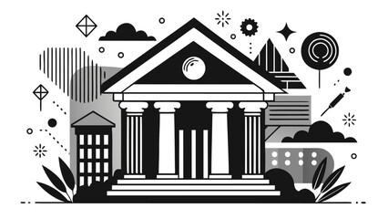 Fototapeta premium black and white illustration of a bank building with columns and geometric shapes