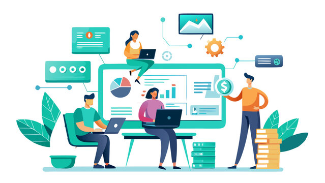 Diverse team collaborating on digital marketing strategy in modern office with data analytics and cloud technology
