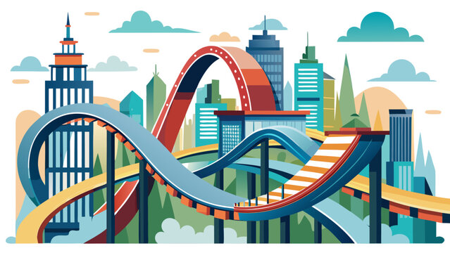 colorful roller coaster looping through futuristic cityscape with iconic landmarks and vibrant skyline
