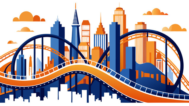 vibrant roller coaster looping through futuristic city skyline at sunset with warm glow