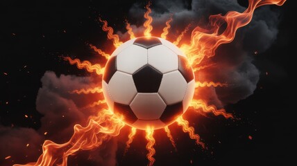 Burning Soccer Ball: A dramatic depiction of a soccer ball ablaze with fiery energy, surrounded by dark smoke, symbolizing passion and intense competition.
