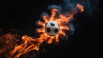 Fiery Soccer Ball: A dynamic image showcasing a soccer ball engulfed in vibrant flames and smoke.