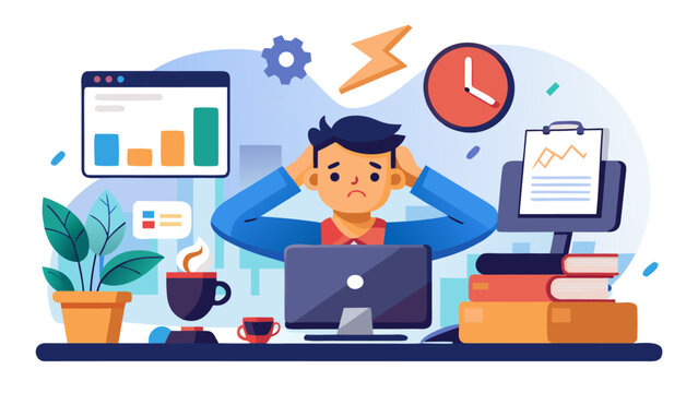 Retro t-shirt design concept: stressed businessman multitasking with laptop, clock, and productivity icons