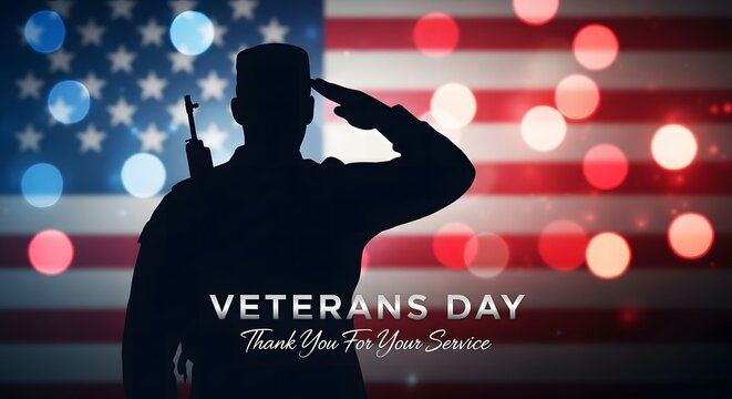 Veterans day tribute soldier saluting american flag patriotic bokeh lights united states - Powered by Adobe