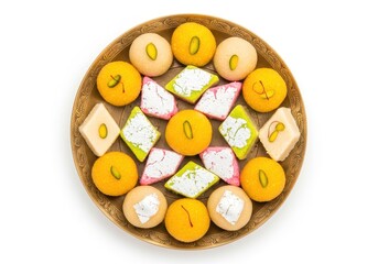 Top view of assorted indian sweets isolated on white background, a colorful and delicious collection of traditional desserts in a bowl
