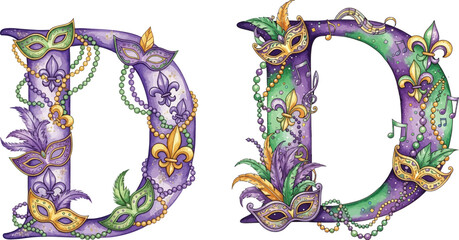  Mardi Gras Letter D Watercolor Alphabetic
