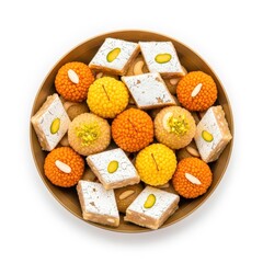 Overhead shot of a golden bowl filled with an assortment of colorful and delicious indian sweets isolated on white background