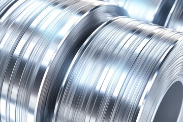 close-up of steel strip rolls on production line with shiny surface and thinness for industrial materials and manufacturing design