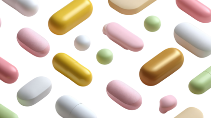 Colorful Pills Display: An array of colorful pills arranged across the frame, showcasing various shapes and hues, representing health, medicine, and pharmaceutical concepts.