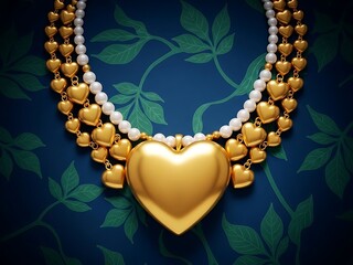 Luxurious gold heart shaped necklace on floral background