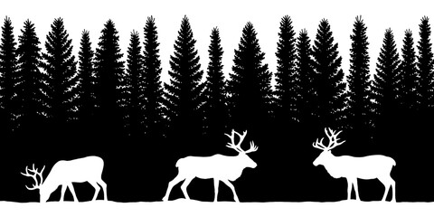 Black and white silhouette illustration of reindeers and fir trees isolated on transparent background © Mori Takai