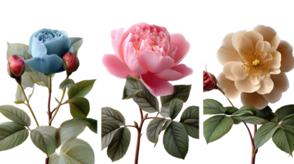 Floral Trio: Capturing the exquisite beauty of three distinct blooms, a blue rose, a pink peony, and a beige rose, each blossom radiates unique charm.
