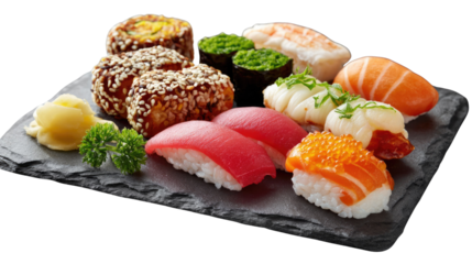 Culinary Masterpiece: An appetizing sushi platter, meticulously arranged, showcasing the artistry and freshness of traditional Japanese cuisine, a feast for the eyes and the palate.