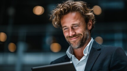 Smiling man with curly hair looking down shyly in bright modern indoor workspace