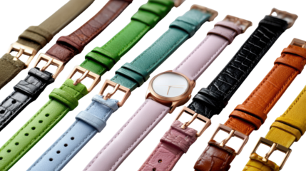 Stylish Timepieces Array: An organized collection of assorted watch straps in vibrant colors with a timepiece display, a testament to fashion and accessorizing.