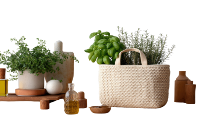 Culinary Garden Essentials: A curated selection of fresh herbs and essential kitchen supplies, inviting viewers to explore the art of culinary delights. 