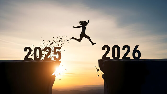 Dynamic Silhouette of a Woman Leaping Across a Crumbled Cliff Gap from Year 2025 to Year 2026 at Sunrise