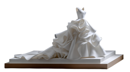 Ethereal Wedding Dress Sculpture: A captivating sculpture of a pristine wedding dress, crafted with flowing lines and exquisite detail, embodying grace and elegance, set upon a tiered pedestal.