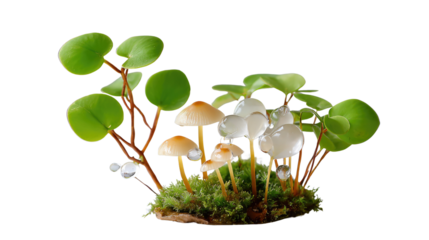 Mushrooms and Greenery: Miniature mushrooms nestle amidst lush greenery, with captivating raindrops adorning the scene, creating a magical small world.