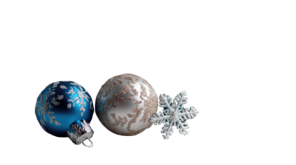 Festive Christmas Ornaments: A cluster of elegant ornaments, including a vibrant blue sphere and a shimmering silver globe, alongside a delicate snowflake.