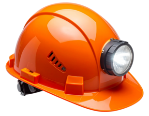  Bright Orange Mining Helmet with Active Headlamp, Front View Glow Effect, isolated on transparent background