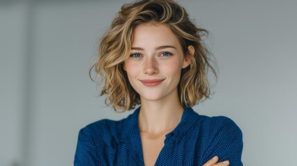 Bright cheerful woman with wavy blonde hair smiling in modern casual office setting