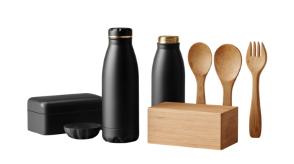 Stylish Eco-Friendly Essentials: A curated ensemble of eco-conscious tableware, including sleek bottles, wooden utensils, and a compact box, perfectly designed for sustainable living.