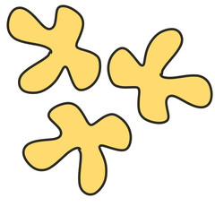 Three stylized, hand-drawn yellow asterisk or star shapes with a black outline, floating against a solid black background