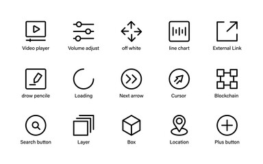 Modern digital interface icon set. Clean navigation tools, communication signs, media controls, and interactive UI elements