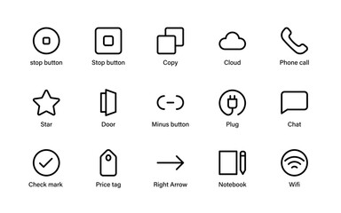 Modern minimal UI icons set. Clean action symbols, navigation tools, media controls, and practical interface components