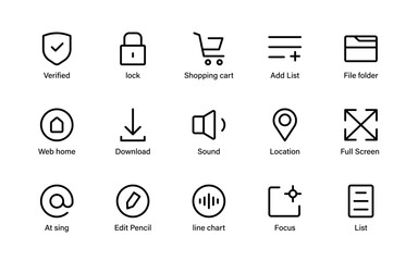 Clean UI component icons set. Practical action signs, navigation markers, media controls, and functional interface symbols
