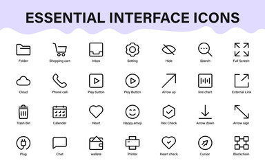 Essential interface icons. including wallet, printer, cursor, cloud, phone call, shopping cart, folder, settings, play button, and search tools.