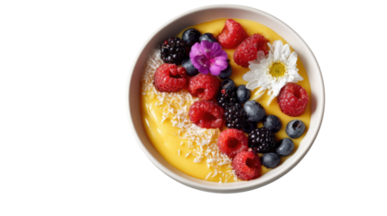 Tropical Smoothie Bowl: A vibrant smoothie bowl adorned with fresh berries, flower and shredded coconut, presenting a healthy and delicious start to the day.
