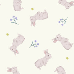 Seamless pattern of standing bunny and small flowers
