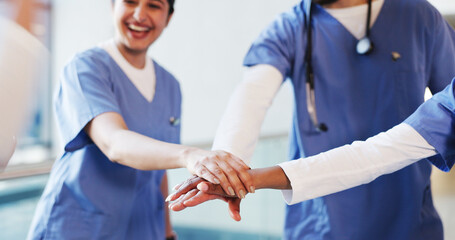 Hands, stack and medical team in hospital for celebration, motivation and wellness success. People,...