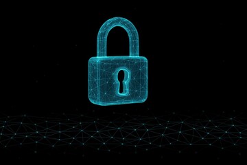 Abstract digital padlock icon with connected data network and security concepts, cyberspace.