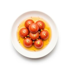 Topdown view of gulab jamun, a popular indian dessert, isolated on white background, featuring a sweet, syrupy treat in a white bowl
