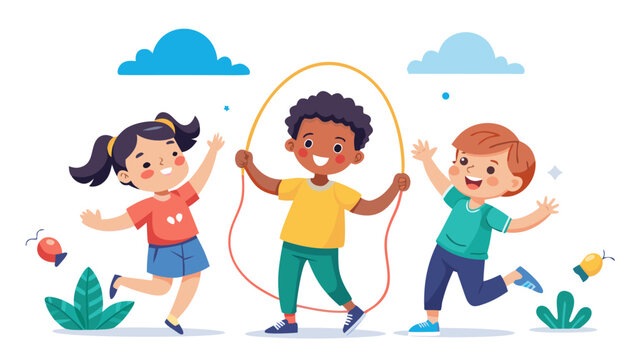 Retro t-shirt design of three diverse children joyfully jumping with hula hoops in sunny outdoor park