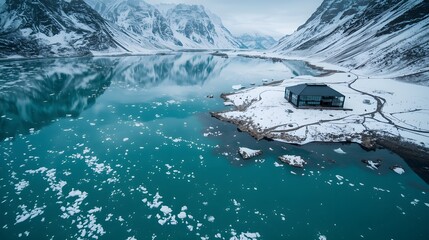 Aerial winter landscape with frozen lake and serene snowy houses.