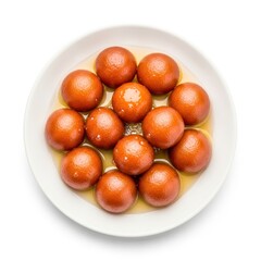 Overhead shot of gulab jamun, a classic indian sweet, isolated on white background, served in a white bowl, showcasing its rich, syrupy texture
