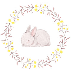 Hand-drawn watercolor floral frame with yellow blossoms and sleeping bunny
