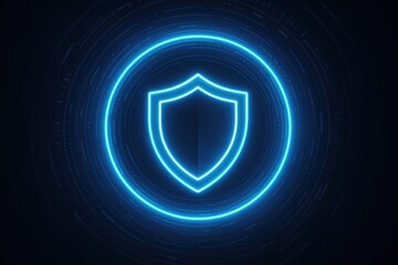 Digital shield protection and cybersecurity concept with glowing blue neon lines and circuits.