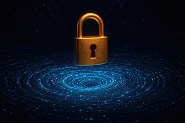 Golden padlock hovering over swirling blue digital data vortex, representing security and network.