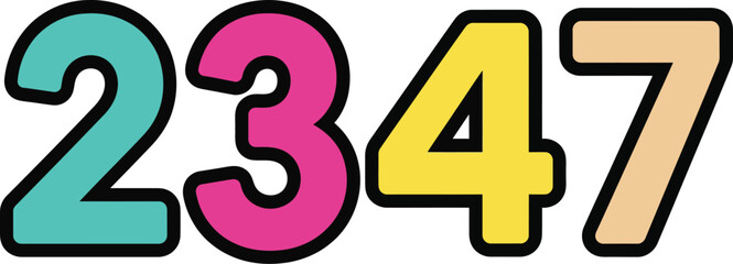 Playful cartoon number 2347 in teal pink yellow and orange with bold outlines.